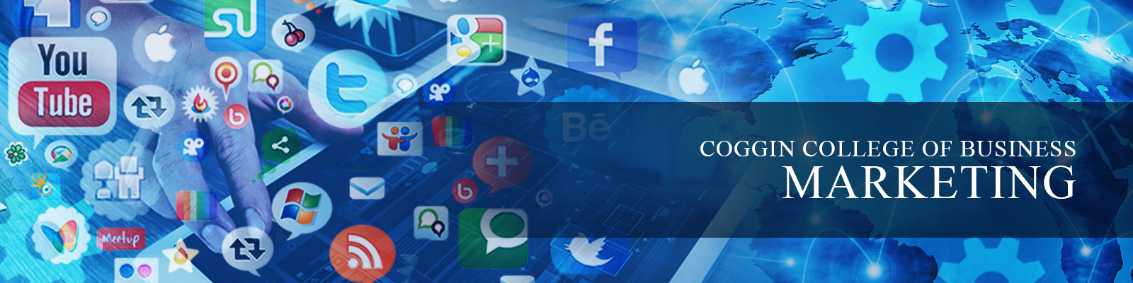 Blue Coggin College of Business Marketing banner with multiple social media icons