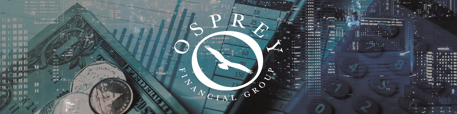 Osprey Financial Group around a circle with a bird silhouette and buildings money and calculator