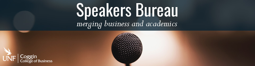 speakers bureau merging business and academics with a microphone and coggin logo