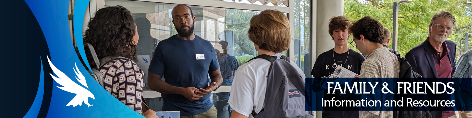 dark blue and light blue colors with white osprey logo, students gathering around, family and friends information and resources with blue ribbon behind text