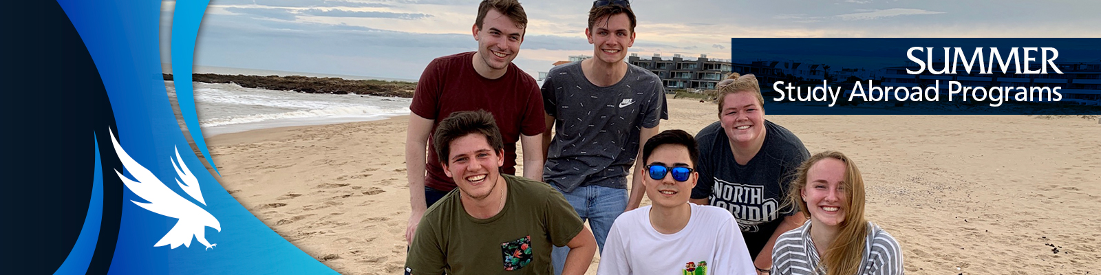 black and blue colors with osprey white logo, students at the beach smiling, summer study abroad programs with a blue ribbon behind text