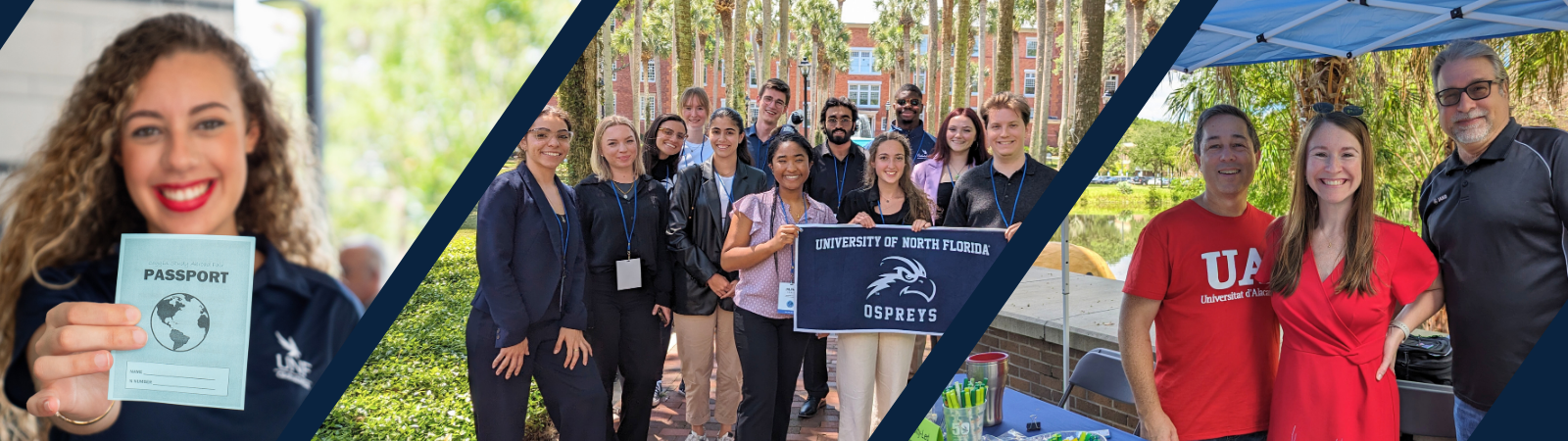 Smiling student, group of students with banner, Coggin faculty