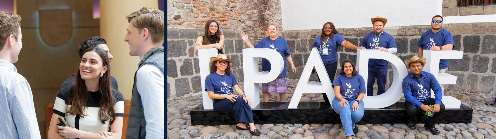 students smiling and talking with two others inside IPADE Business school and eight students sitting among large letters that spell out IPADE