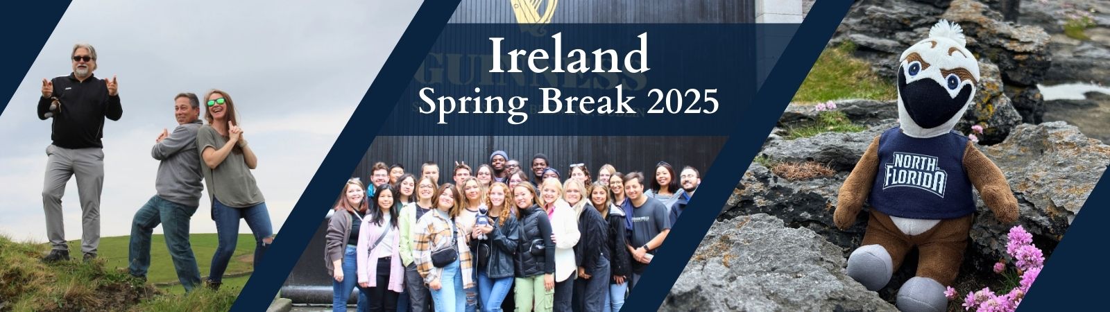 Ireland Spring Break 2025 three leaders posing group of students in front of a business in Dublin osprey plushie sitting among rocks and flowers