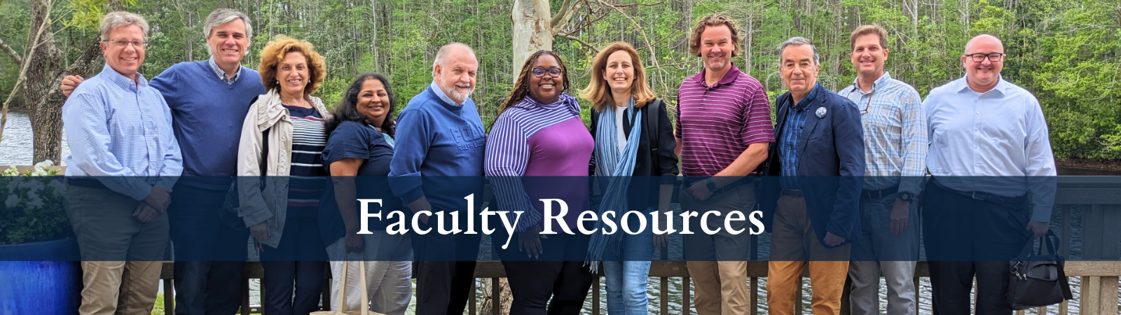 Group of Coggin and international faculty smiling outside on a boardwalk on UNF's campus