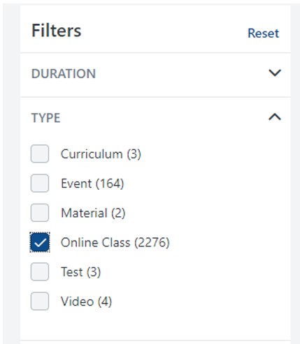 Online Classes type selection