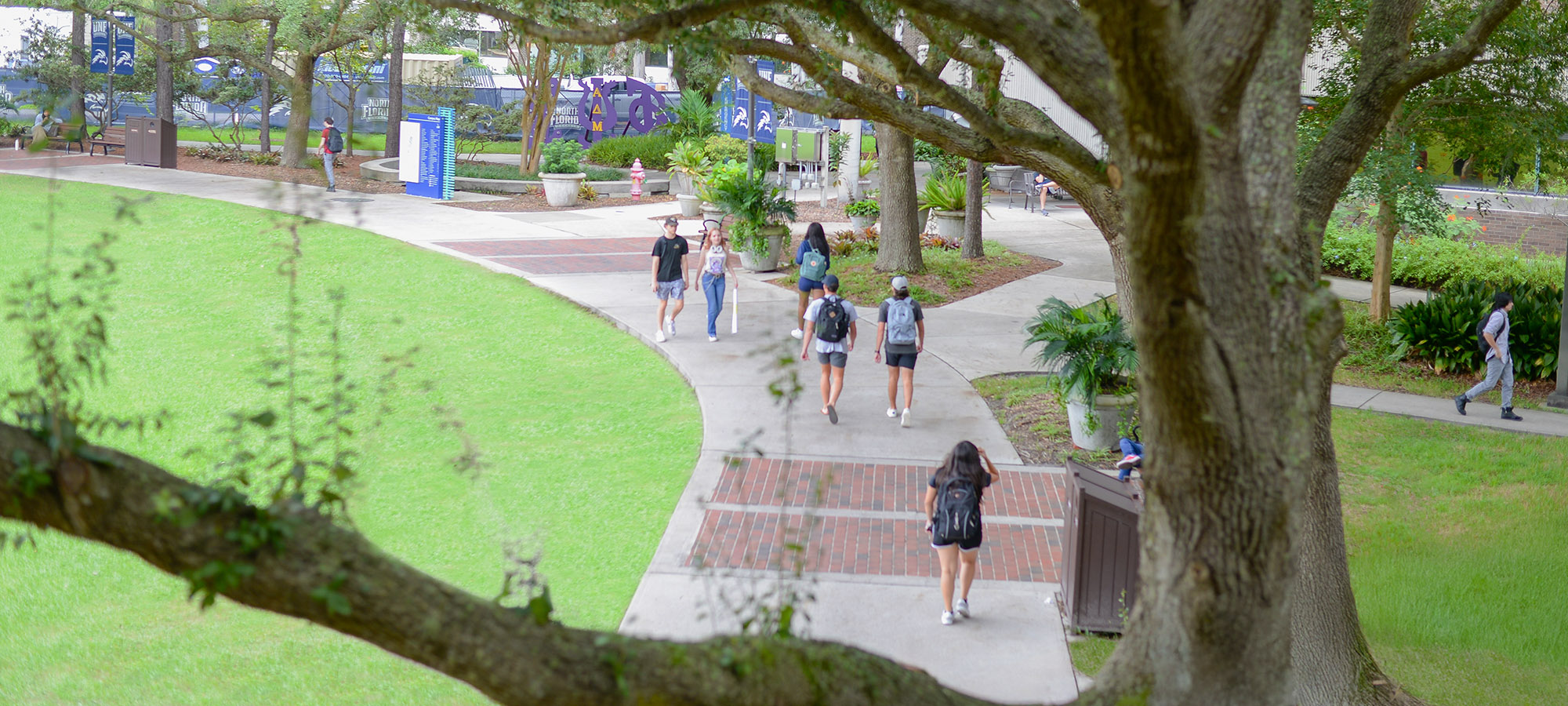students walking around campus near the green