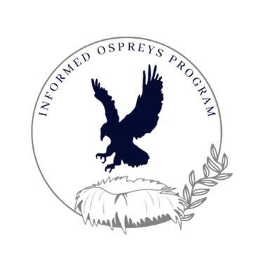 Informed Osprey logo, outline of a flying bird above a bird nest in a circle