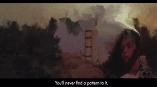 Movie still of young girl against painted background