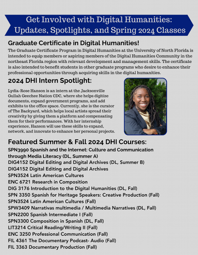 DHI Graduate Certificate, Intern Spotlight, and Summer/Fall classes