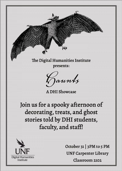 DHI Poster for Haunts event on October 31, 3 PM to 5 PM, in the Library, Room 2102A