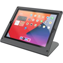 Black iPad stand with colorful screen