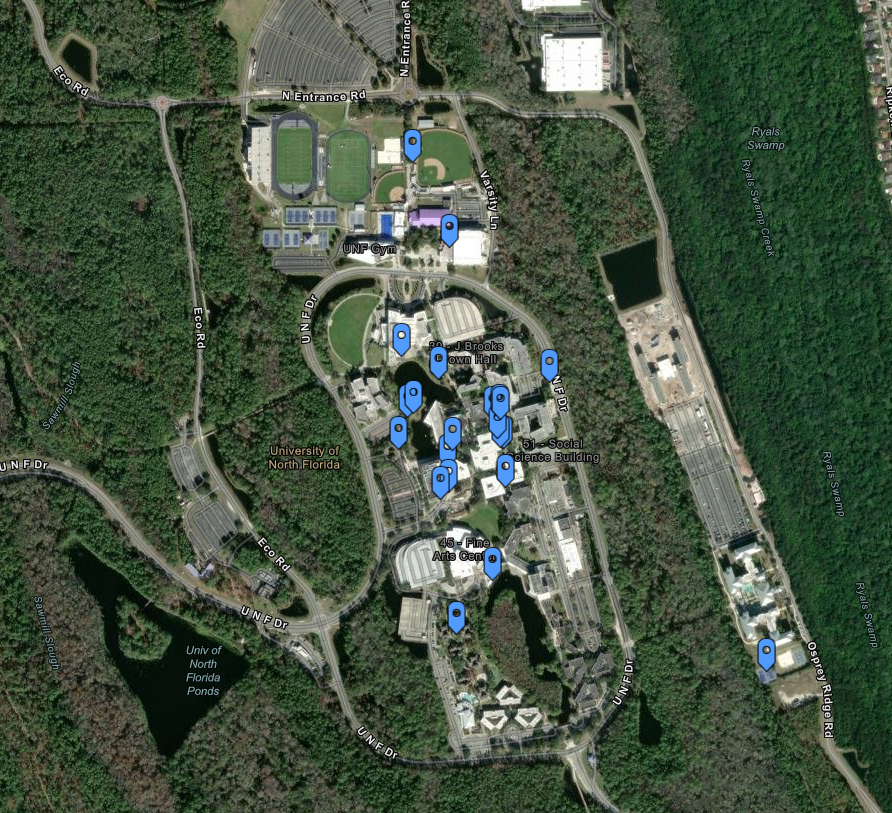 A digital map of the UNF campus with blue place markers