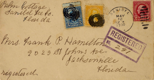Envelope with handwritten addresses, stamps and 1930 postmark