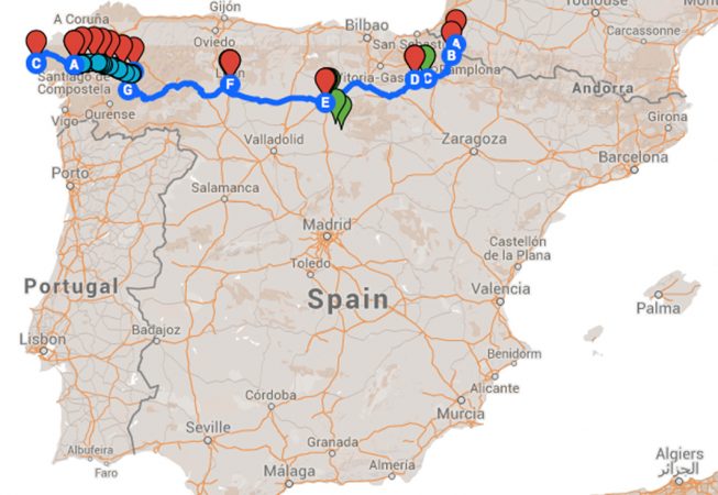 map of Spain with pilgrimage trail marked