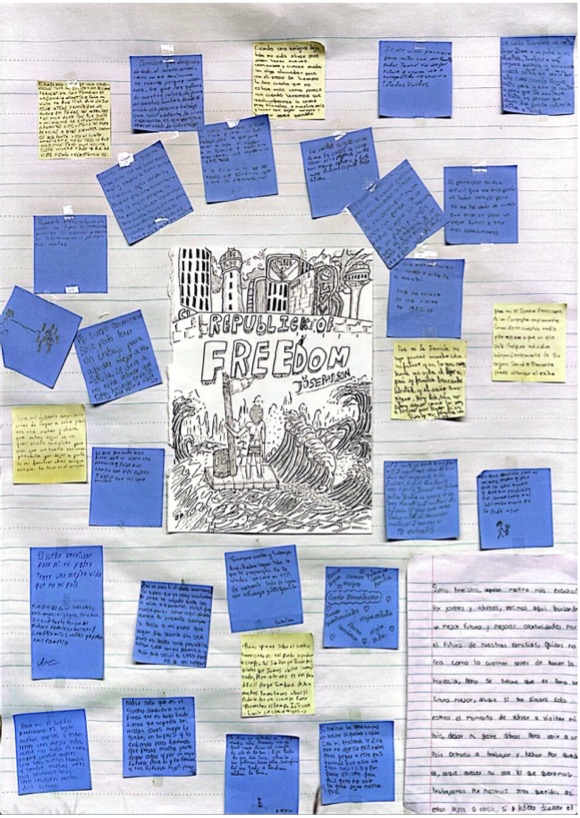 Post-it notes and drawing attached to large sheet of white paper