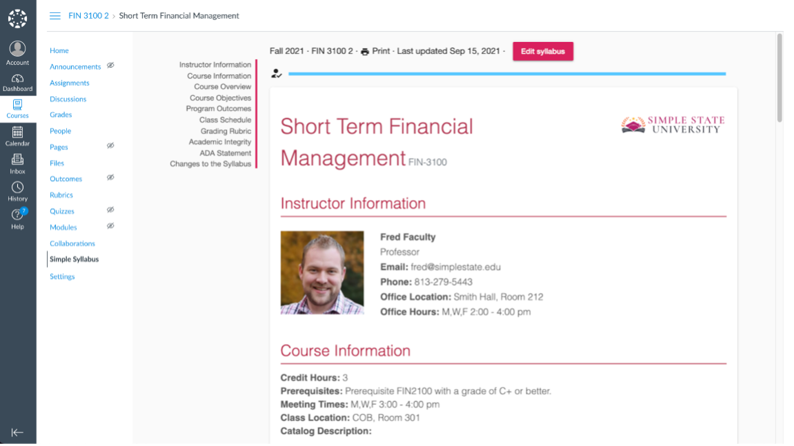 example image of simple syllabus, UNF Syllabi