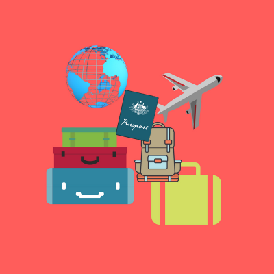 Suitcases, a backpack, and a passport stacked next to a plane and globe with red background