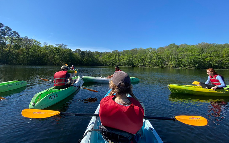 Group of people kayaking on a calm lake surrounded by trees.