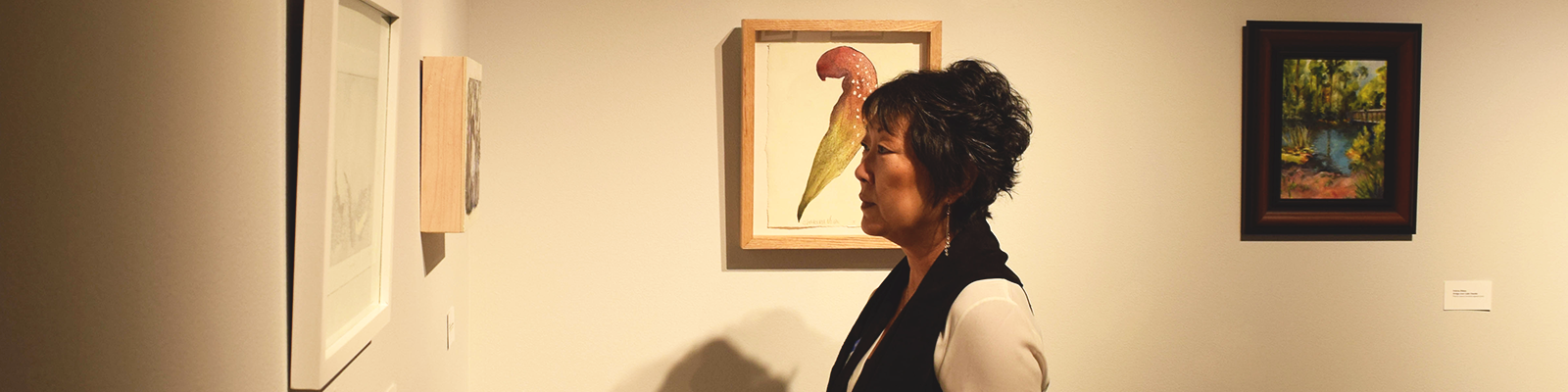 Individual looking at artwork in a gallery.