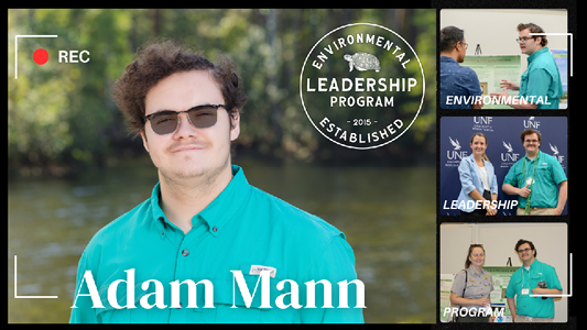 Photo collage including large headshot of student with environmental leadership program logo on top right. Three smaller photos are stacked on the right hand side of the headshot featuring the same student.