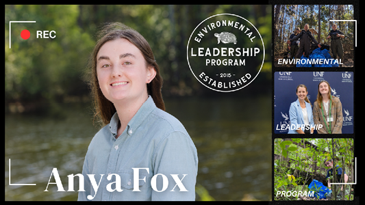 Photo collage including large headshot of student with environmental leadership program logo on top right. Three smaller photos are stacked on the right hand side of the headshot featuring the same student.