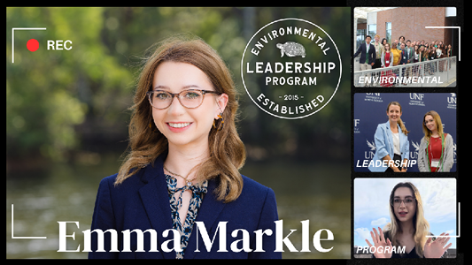 Photo collage including large headshot of student with environmental leadership program logo on top right. Three smaller photos are stacked on the right hand side of the headshot featuring the same student.