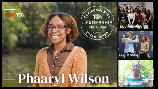 Photo collage including large headshot of student with environmental leadership program logo on top right. Three smaller photos are stacked on the right hand side of the headshot featuring the same student.