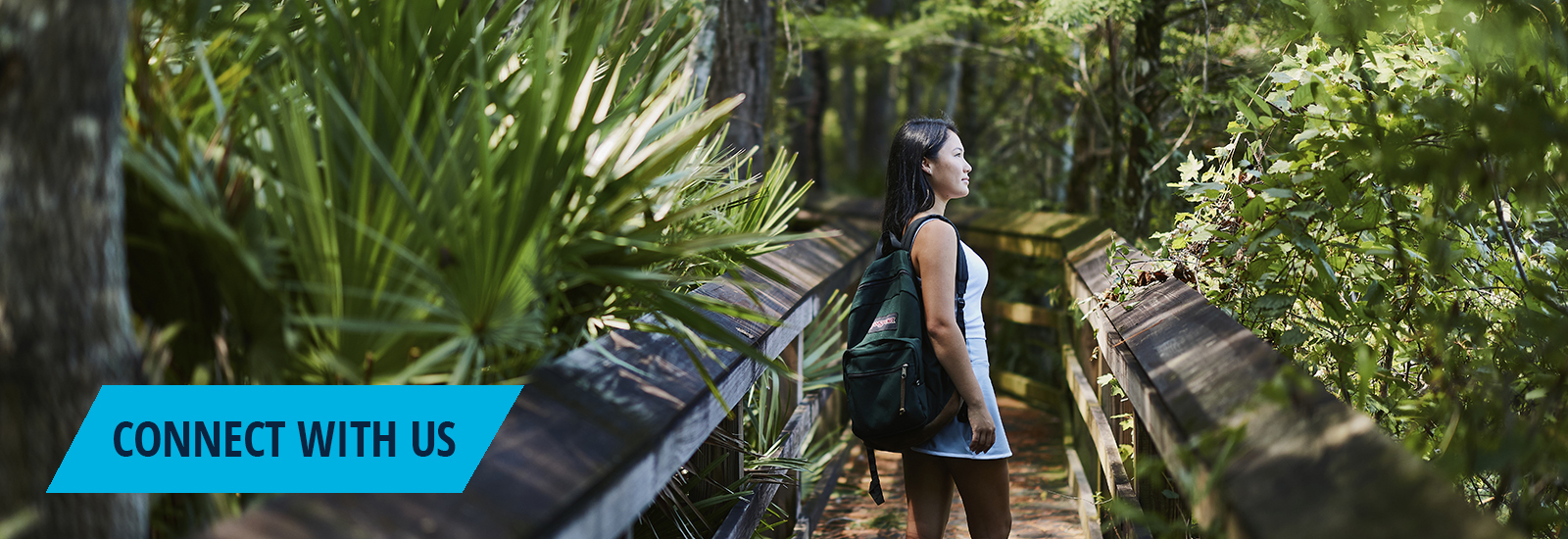 student in the nature preserve enjoying a walk on the boardwalk