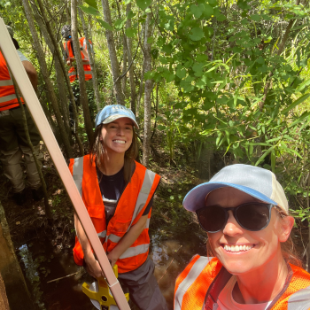 Field researchers in safety vests taking measurements in stream