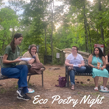 Four students sitting on two separate benches in the preserve with a bridge behind them.  The event name, Eco Poetry Night, is written on the bottom left of the photo.