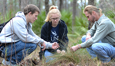 Students and faculty looking at plants