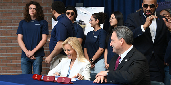 Mayor Deegan, President Limayem at Esports funding bill signing