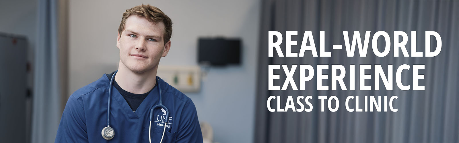 real-world experience class to clinic with a nursing student smiling