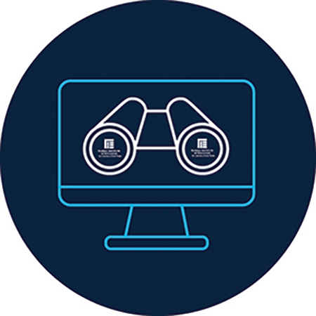 A blue circle icon with an illustration of a computer, binoculars, and Florida Institute of Education logo. 