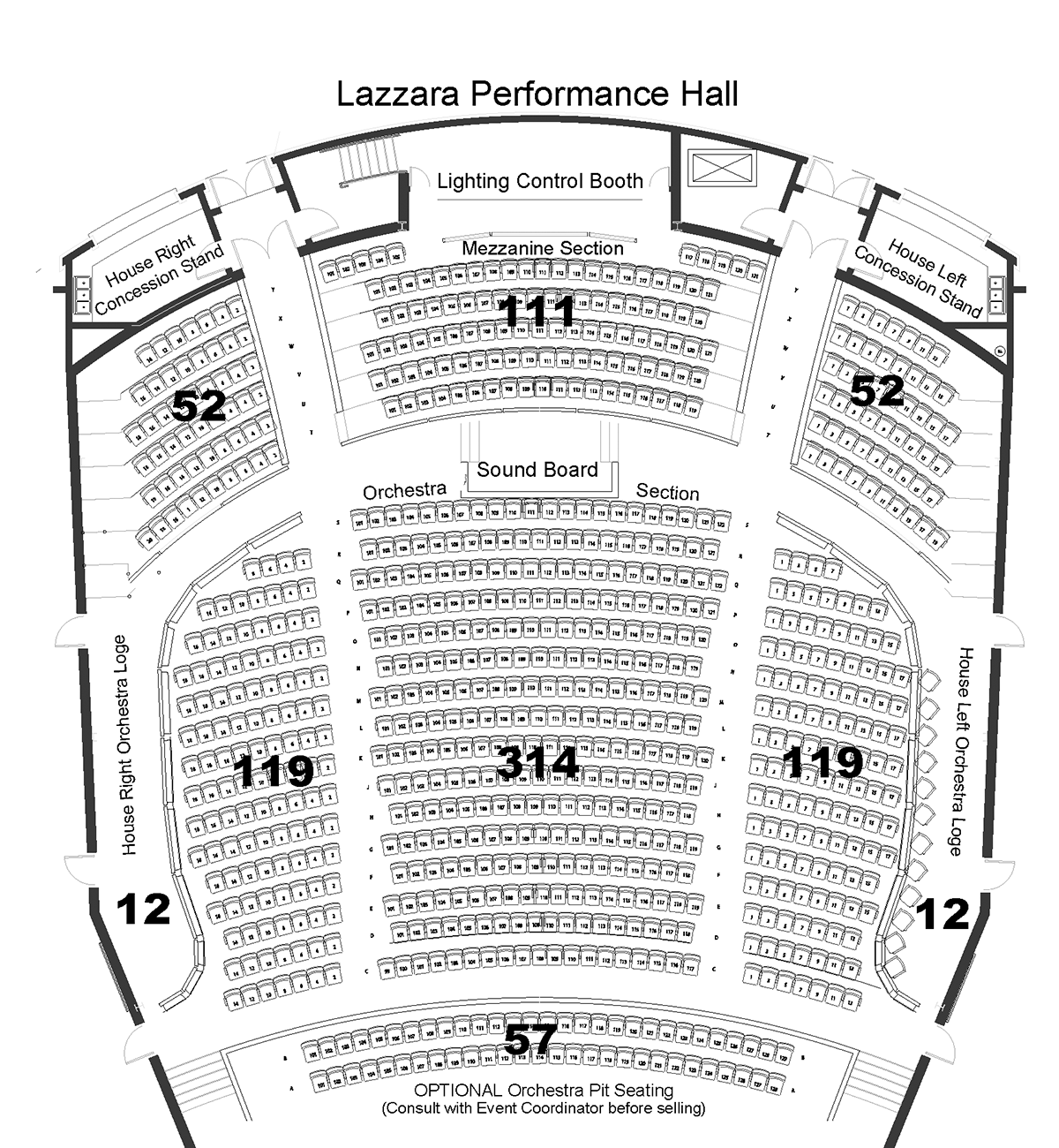 Seating chart for Lazzara Performance Hall Orchestra and Mezzanine