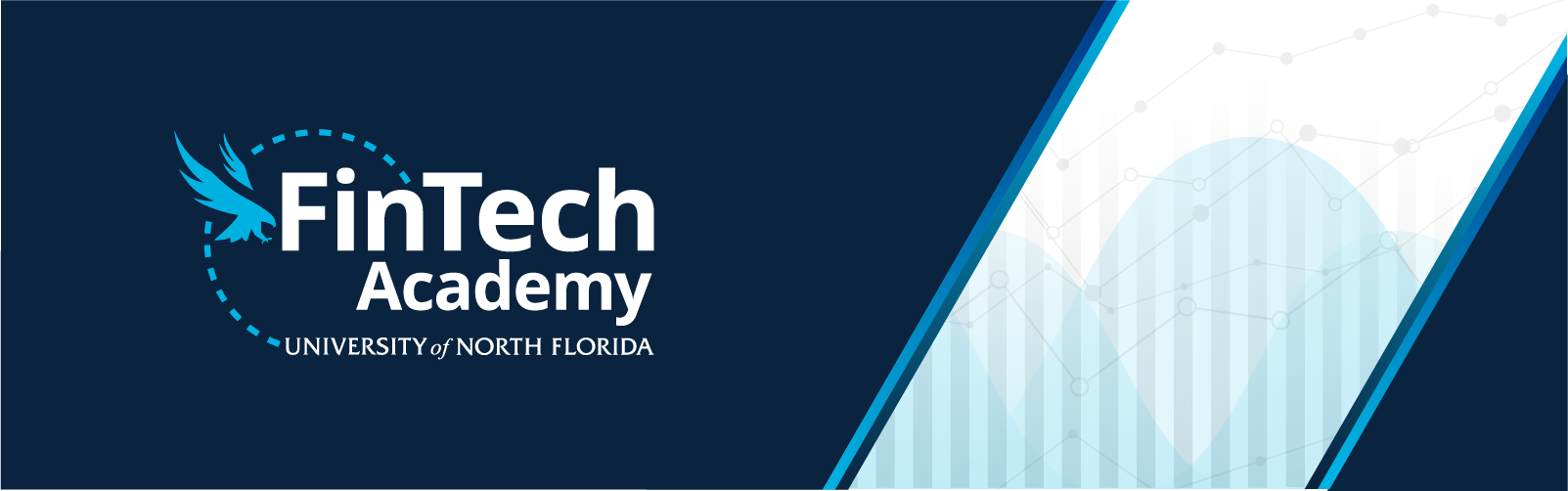 FinTech Academy University of North Florida on a navy background and technical illustration