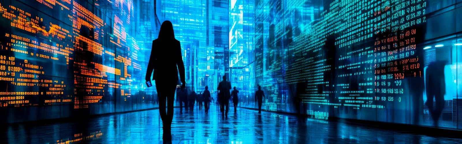 human figure walking between walls, digital in nature with a city skyline in the distance