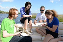 student researchers on a boat surveying the wetlands