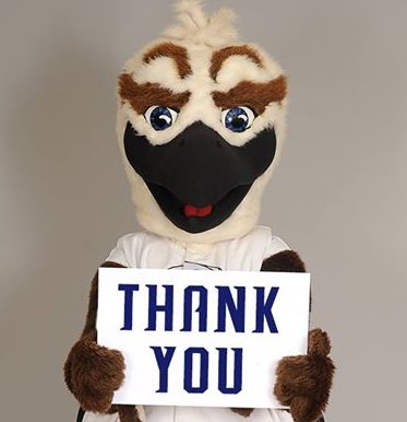 A mascot holding a sign that says "THANK YOU."