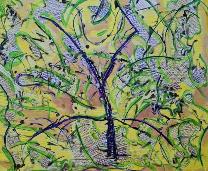 Artwork by George Liebert with layered, curving lines and shapes in green, yellow, blue, purple, and black.