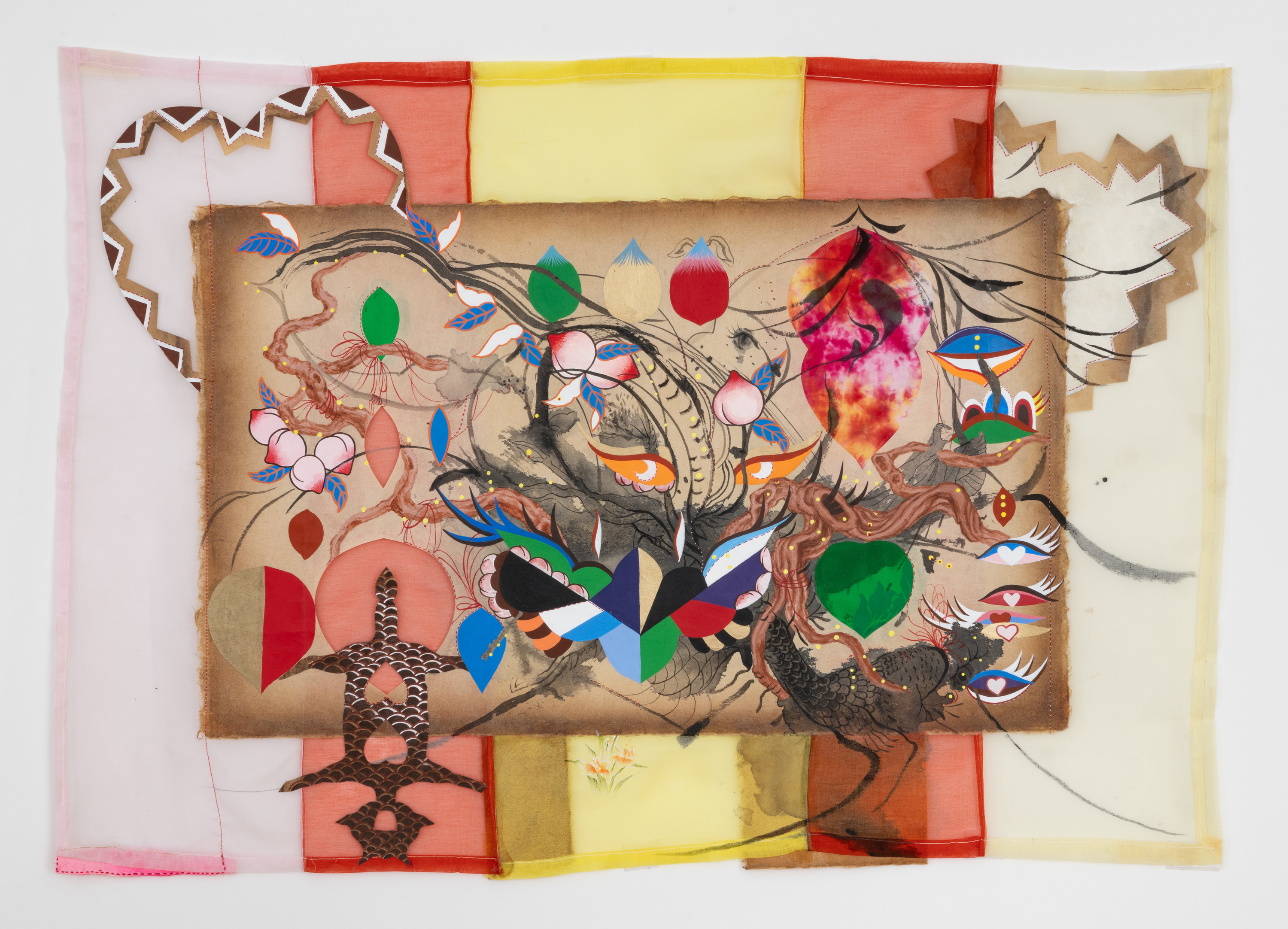 Shape of Heart by Jiha Moon, acrylic, silk, hanji, found fabric