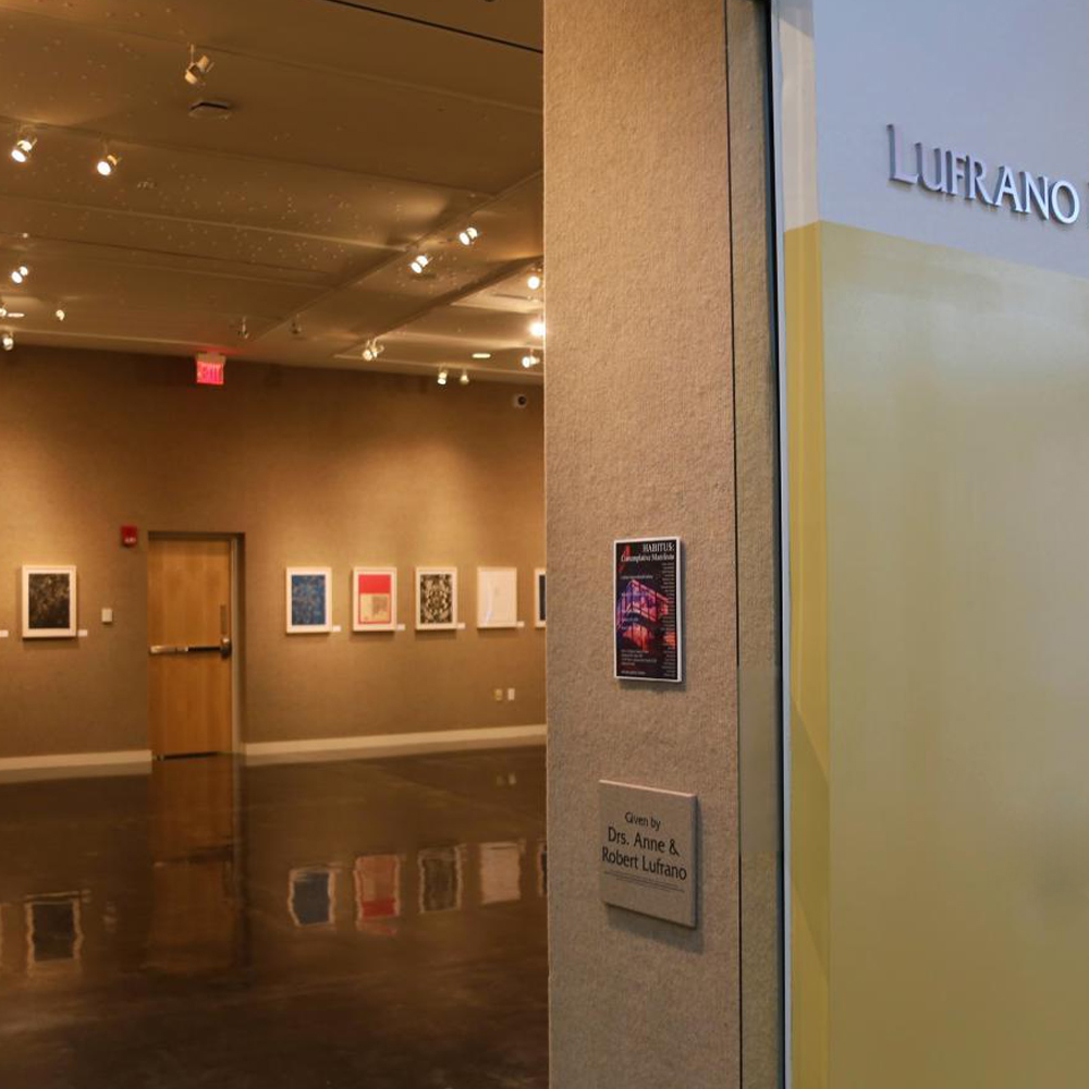 Entrance to the Lufrano exhibition space, showcasing artwork on display in a well-lit gallery.
