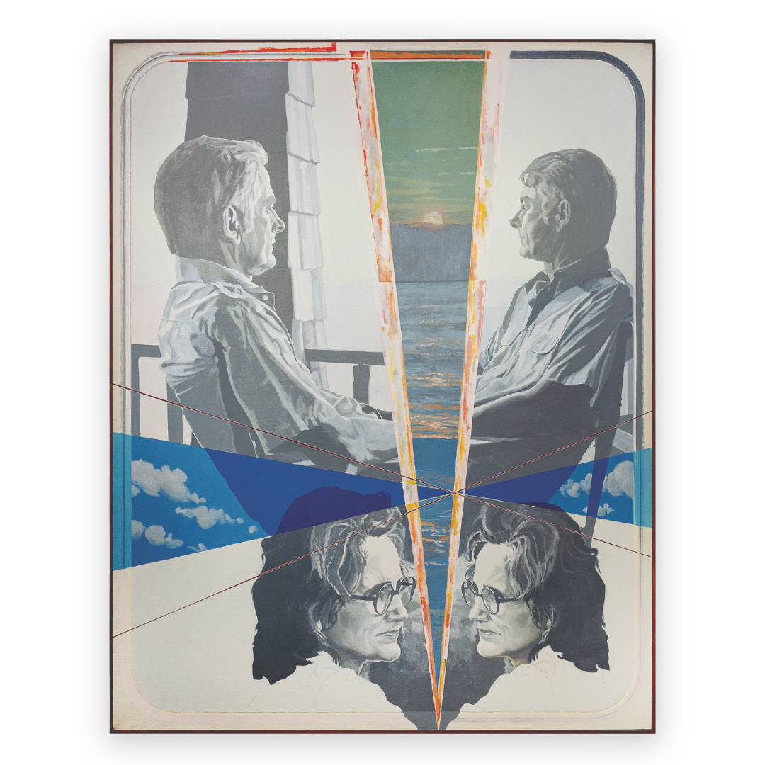 A stylized illustration featuring two men facing each other, with abstract geometric elements and a sunset scene in the background, conveying introspection and connection.