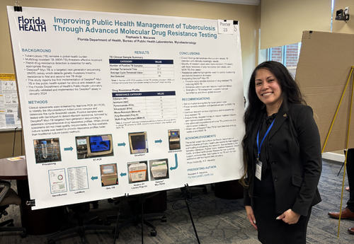 Raphaela Macanas standing beside her Florida Health research poster on improving public health management of tuberculosis through advanced molecular drug resistance testing.