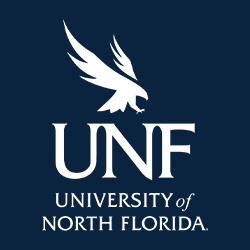 White UNF Logo on a UNF blue rectangle