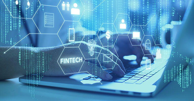 fintech with symbols for communications people money email security with hands on a computer