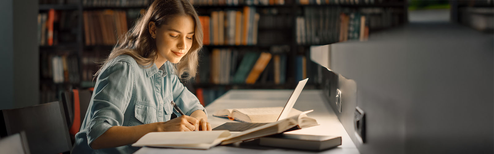 student writing in a library