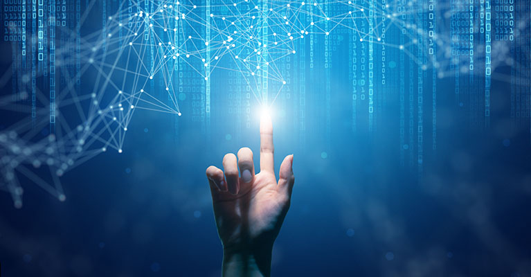 hand with index finger raised to touch a digital stream with binary code in background