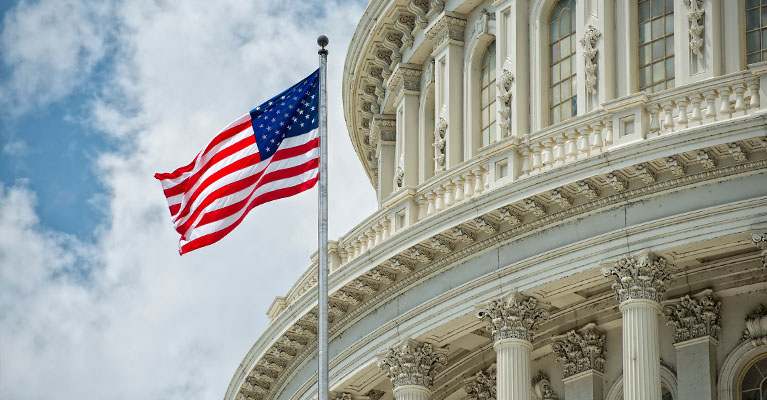 american flag in front of government building